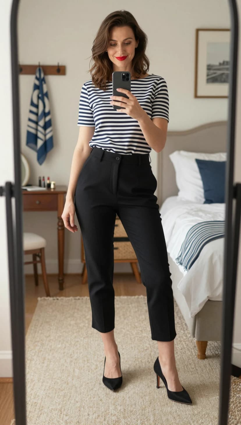 Navy and White Striped Cotton Tee + Black Wool Trousers + Black Suede Pumps
