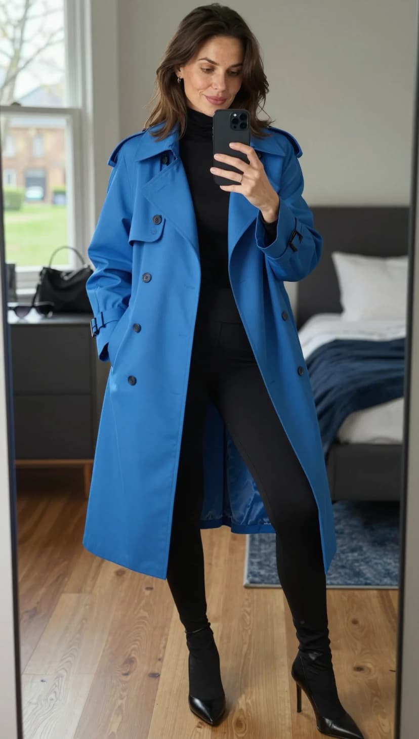 Blue Cotton Trench Coat + Black Mock Neck Top + Black Leggings + Black Sock Boots