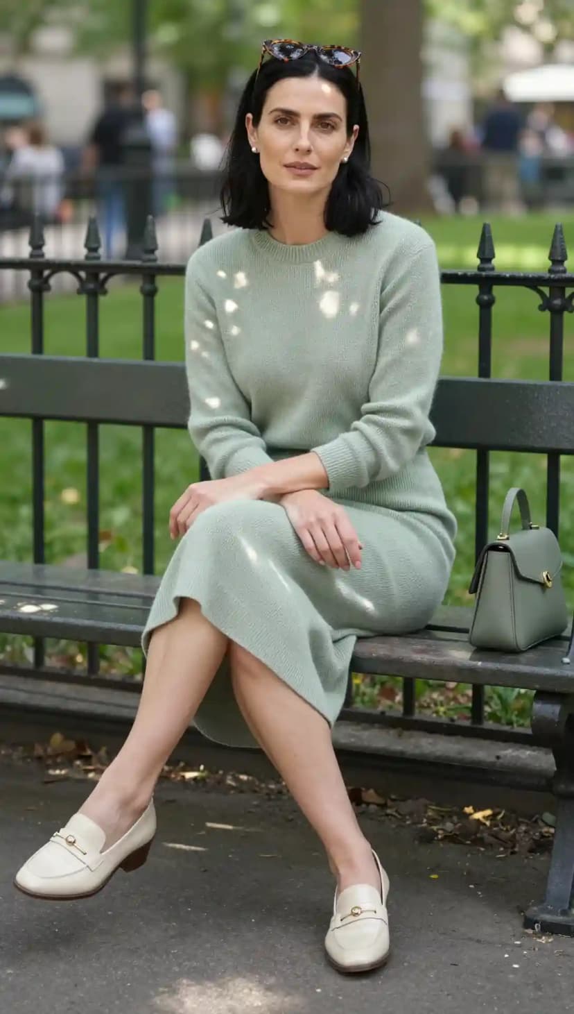Pale Green Sweater + Pale Green Midi Skirt + Cream Loafers
