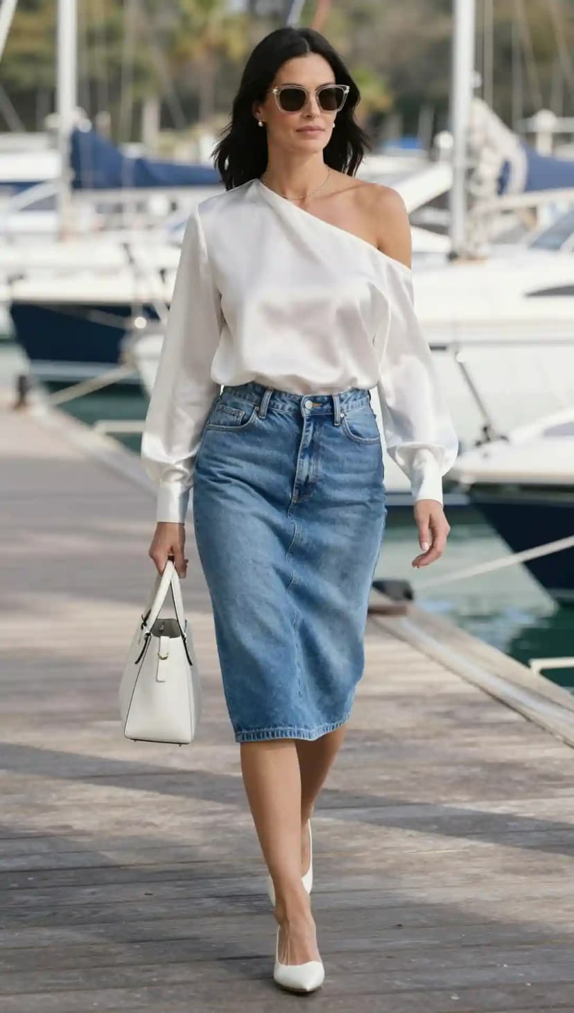 White One-Shoulder Top + Blue Denim Pencil Skirt + White Handbag + White Heels