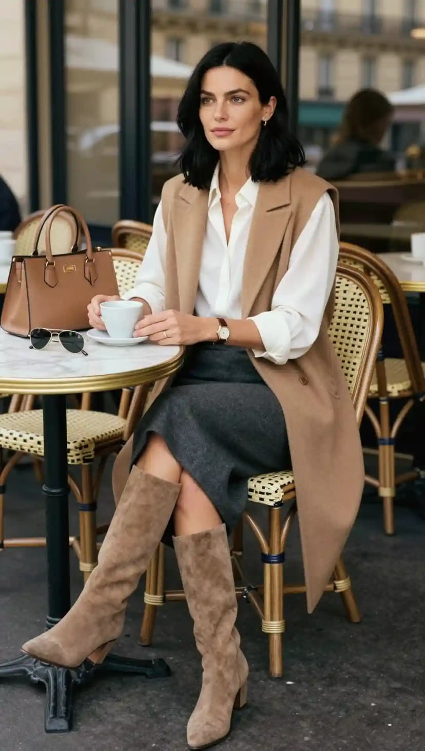 Cream Button-Up Shirt + Grey Wool Vest + Grey Pencil Skirt + Brown Suede Knee-High Boots + Brown Leather Tote Bag