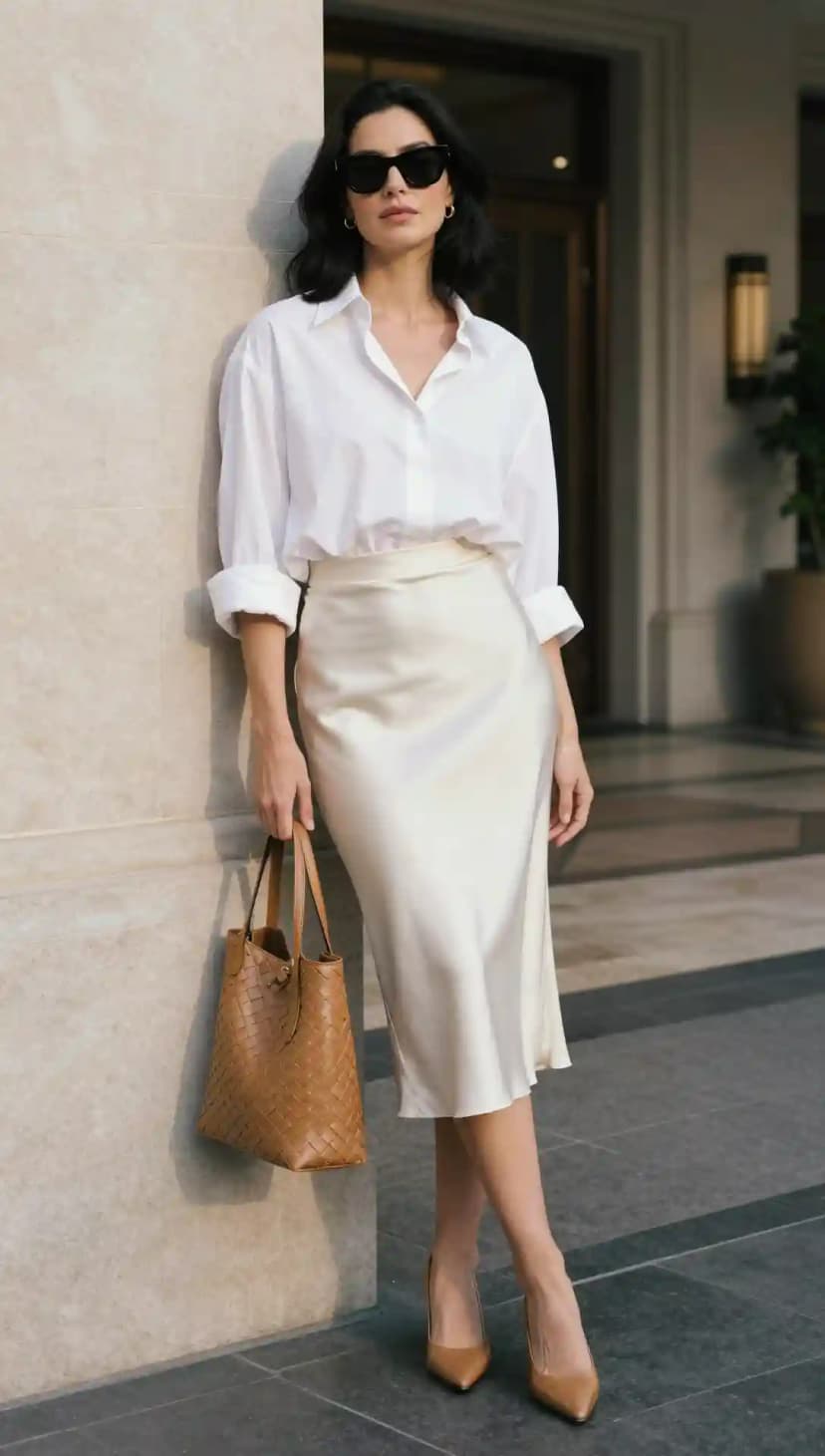 Cream Button-Up Shirt + Ivory Satin Midi Skirt + Tan Woven Tote Bag + Tan Heels