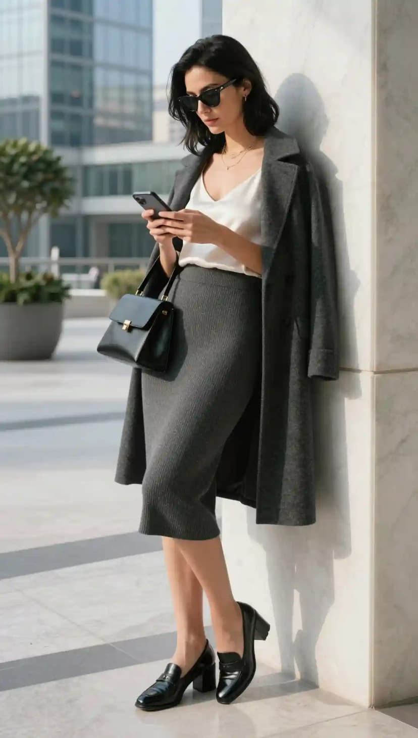Cream Cami Top + Grey Ribbed Knit Pencil Skirt + Grey Duster Coat + Black Loafers