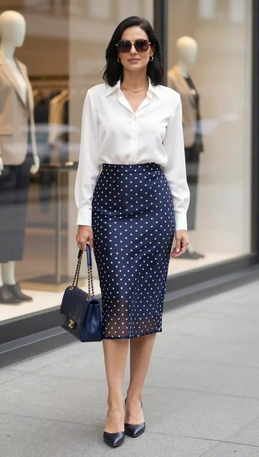 White Button-Up Shirt + Navy Polka Dot Pencil Skirt + Navy Quilted Handbag + Navy Heels