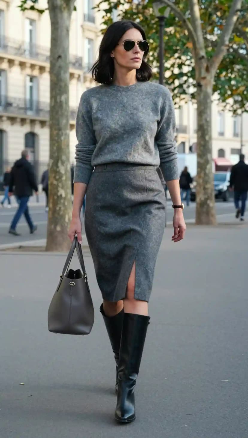 Grey Crewneck Sweater + Grey Pencil Skirt + Black Knee-High Boots
