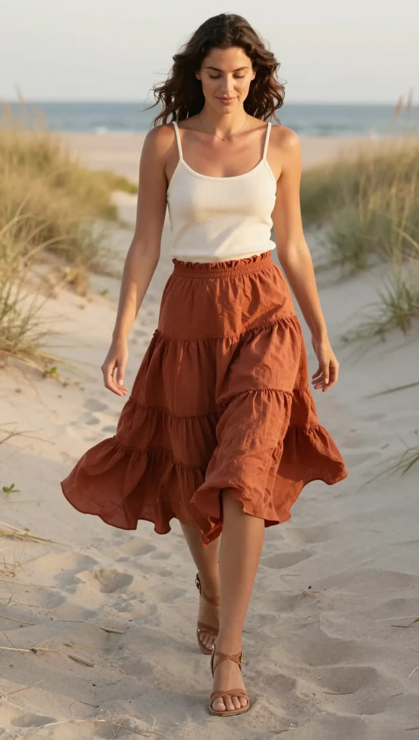 Cream Ribbed Knit Tank + Burnt Orange Linen Tiered Maxi Skirt