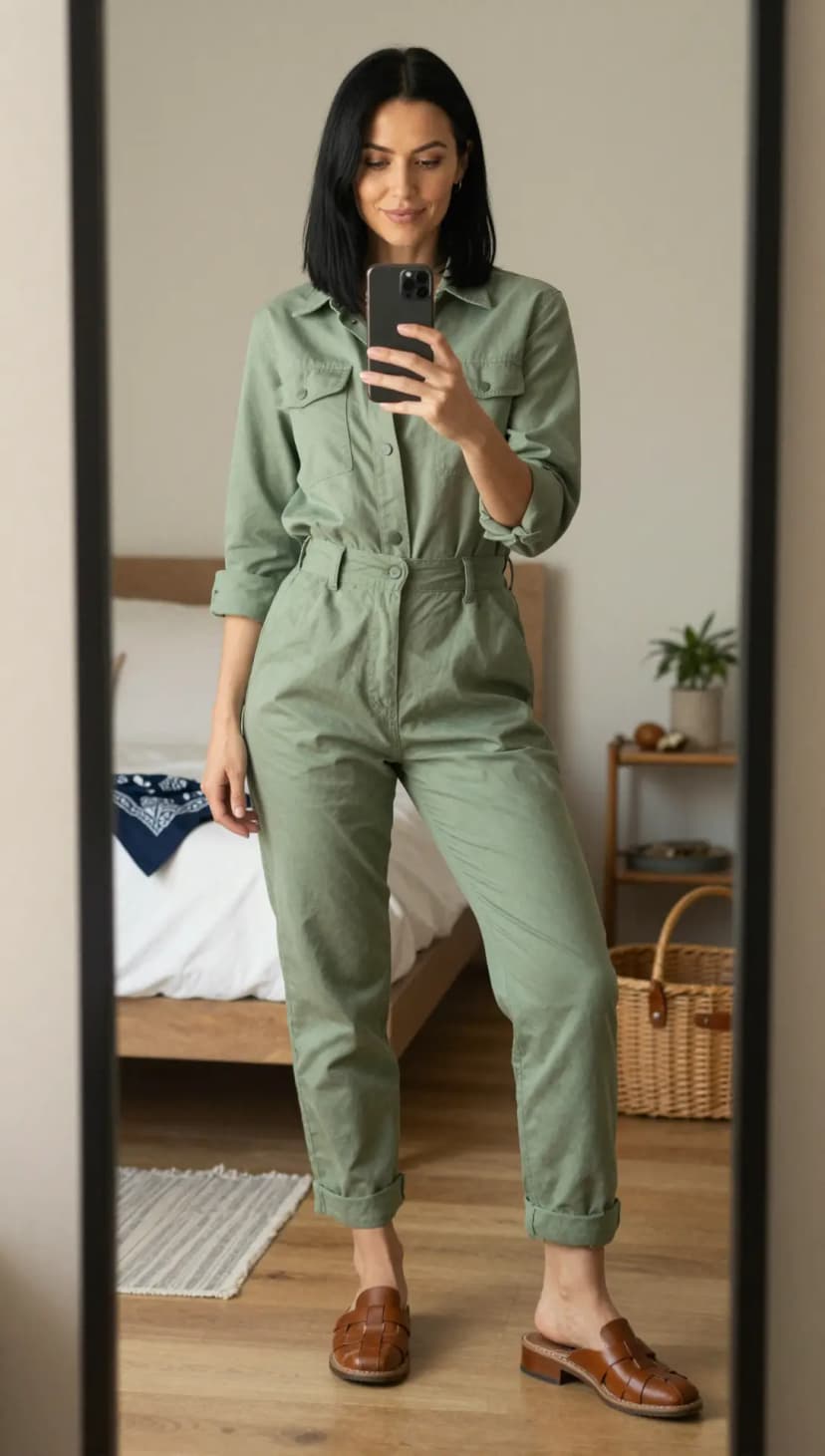 Sage Cotton Jumpsuit + Brown Woven Leather Mules