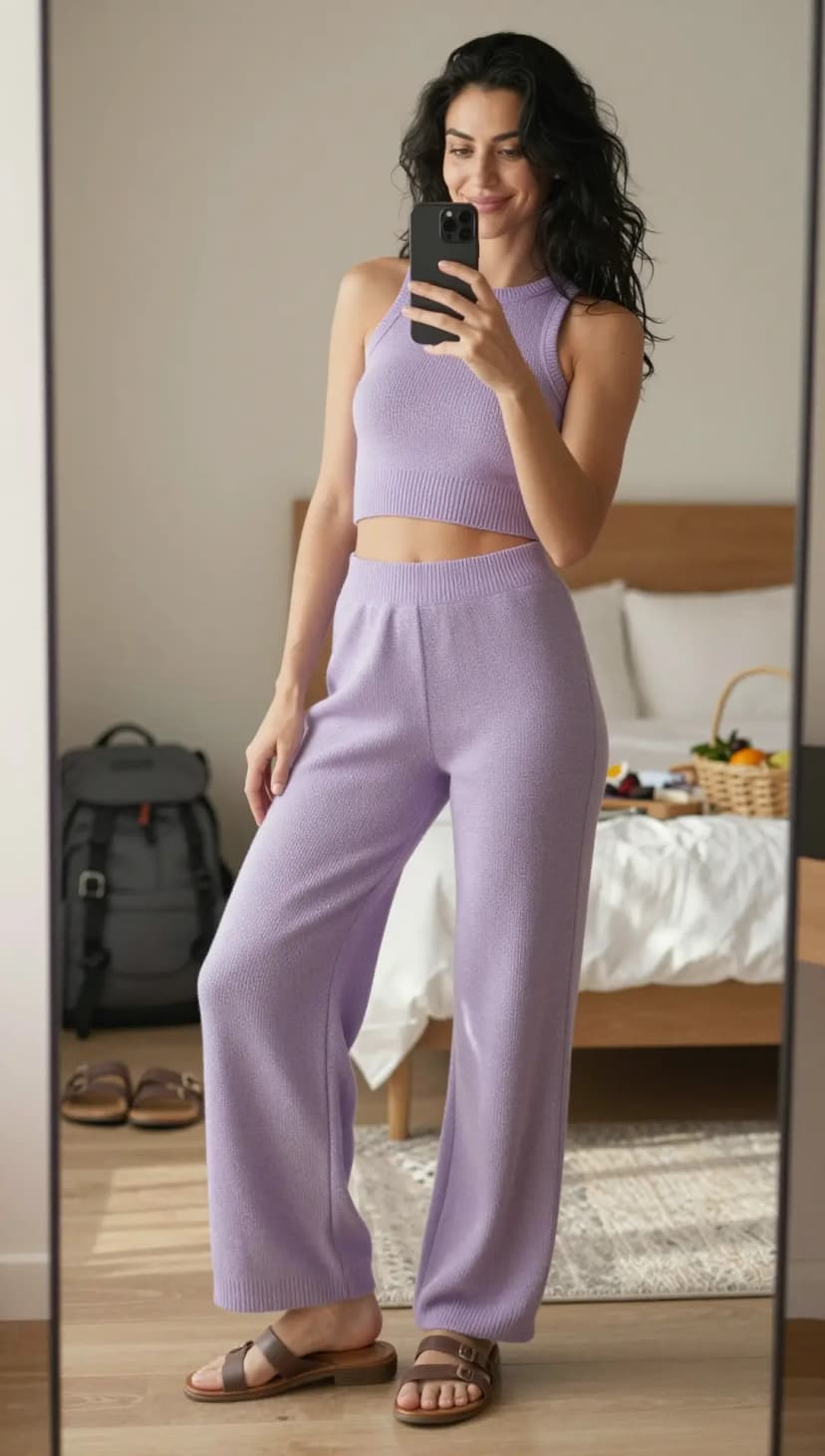 Lavender Knit Halter Crop Top + Lavender Knit Wide-Leg Pants
