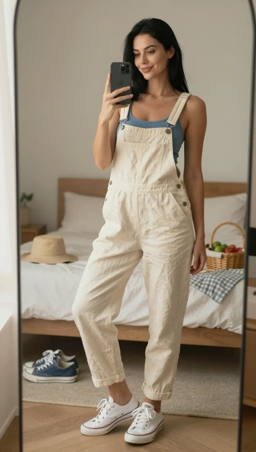 Cream Linen Overalls + Blue Ribbed Tank Top + White Canvas Sneakers