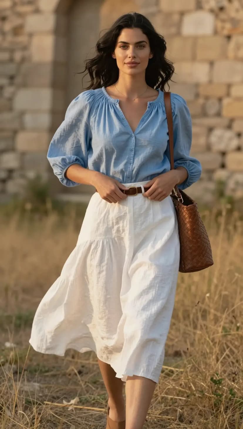 Blue Linen Button-Up Top + White Linen Tiered Maxi Skirt