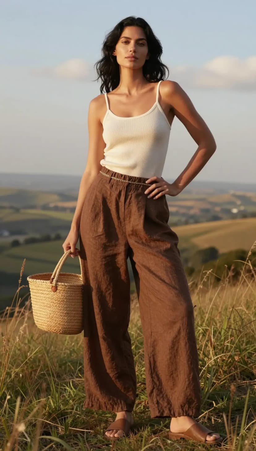 Cream Ribbed Tank Top + Brown Linen Wide-Leg Trousers
