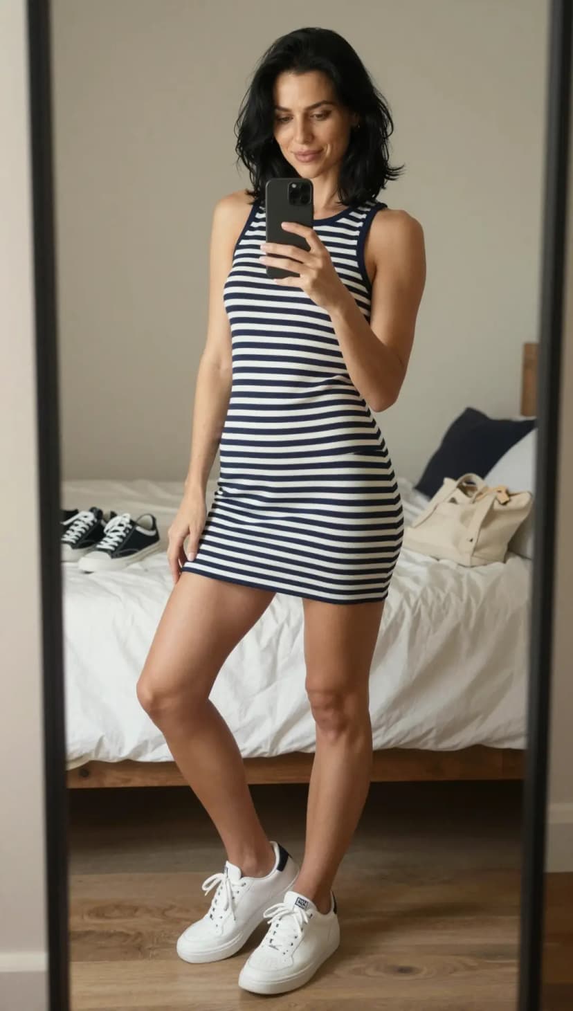 Navy and White Striped Knit Mini Dress