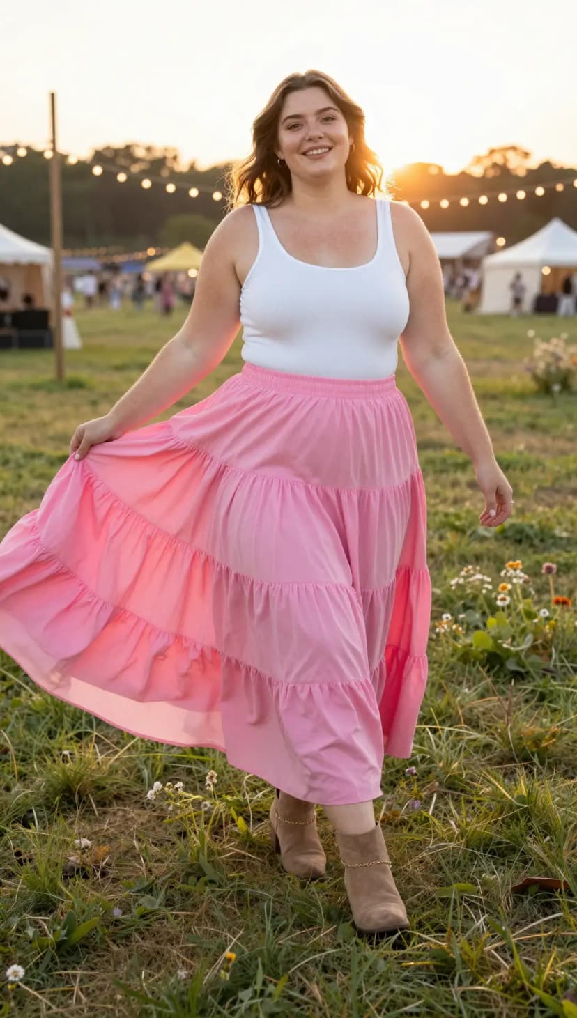 White Ribbed Tank Top + Pink Tiered Maxi Skirt + Taupe Suede Ankle Boots