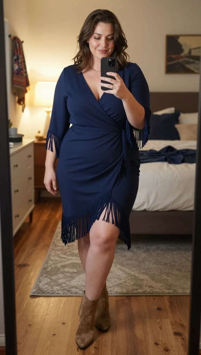 Navy Fringe Wrap Dress + Taupe Suede Ankle Boots