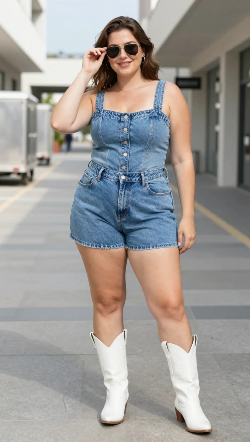 Blue Denim Button-Up Shortalls + White Embroidered Cowboy Boots