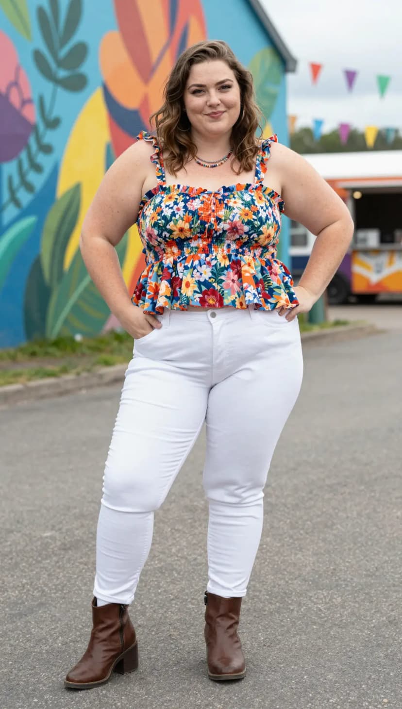 Floral Print Smocked Peplum Top + White Skinny Jeans + Brown Leather Ankle Boots