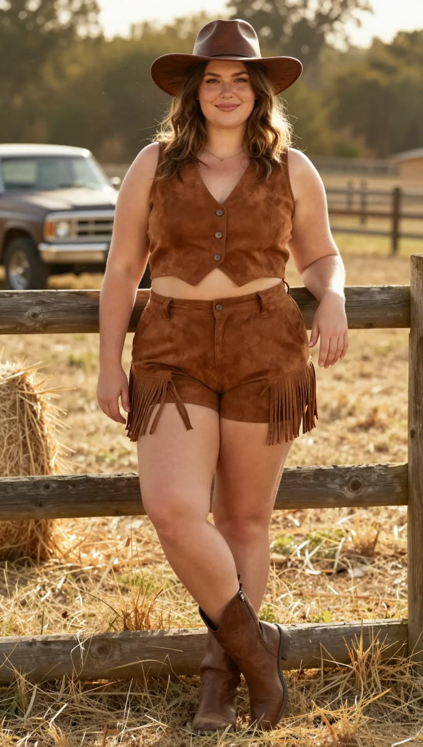 Brown Suede Vest + Brown Suede Fringe Shorts + Brown Leather Cowboy Boots