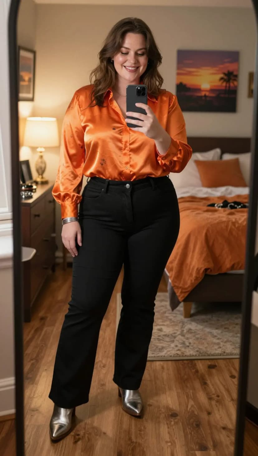 Orange Satin Button-Up Shirt + Black Bootcut Jeans + Silver Pointed-Toe Boots