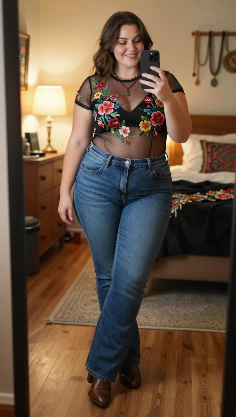 Black Embroidered Mesh Top + Medium Wash Flare Jeans + Brown Leather Boots