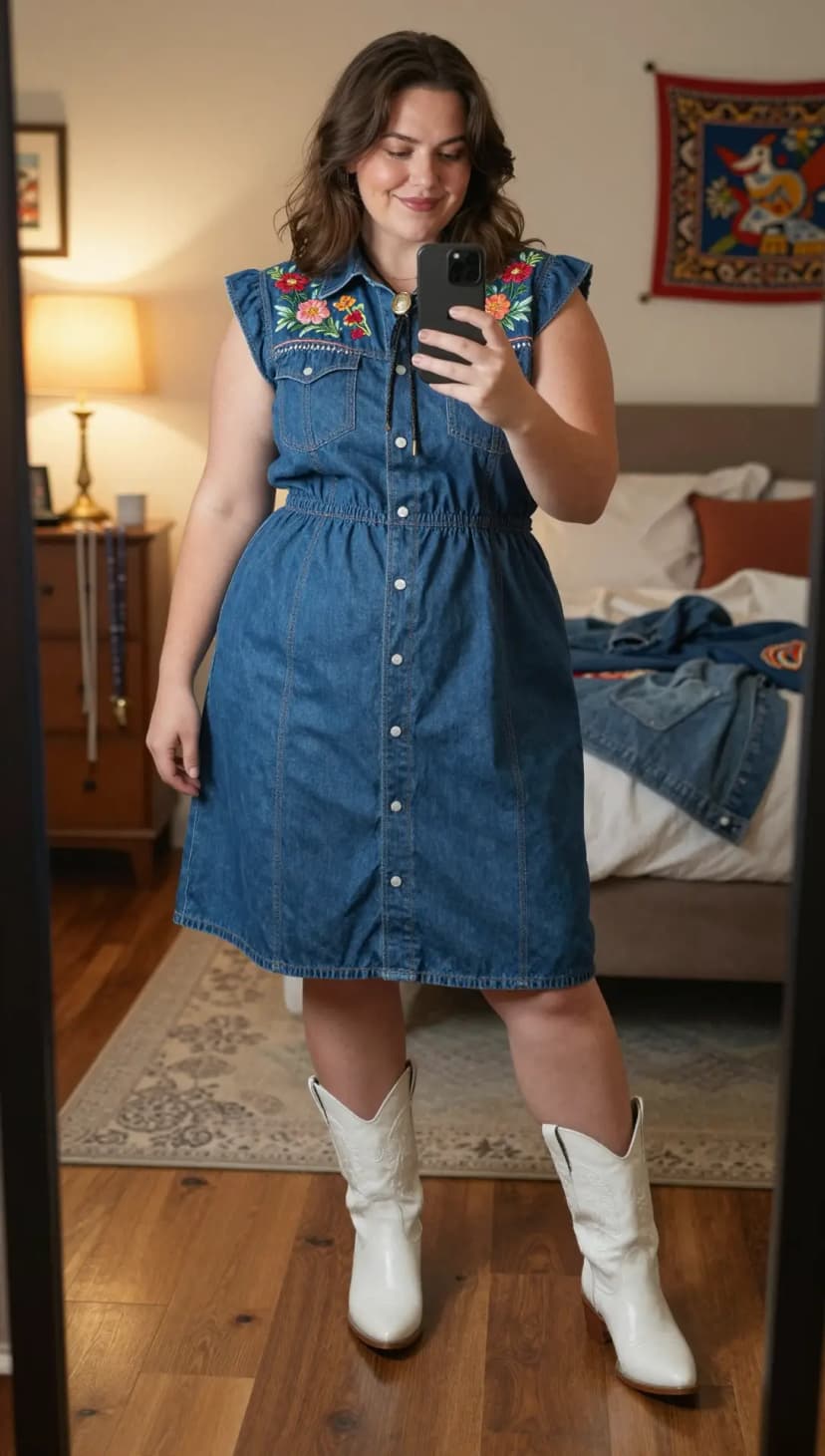 Blue Denim Embroidered Mini Dress + White Leather Cowboy Boots