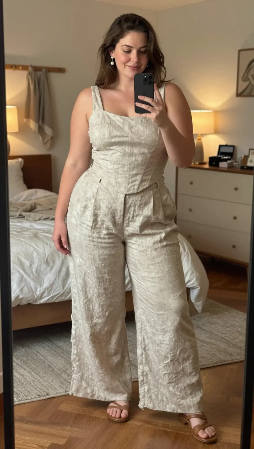Beige Linen Corset Top + Beige Linen Wide-Leg Trousers + Brown Leather Sandals