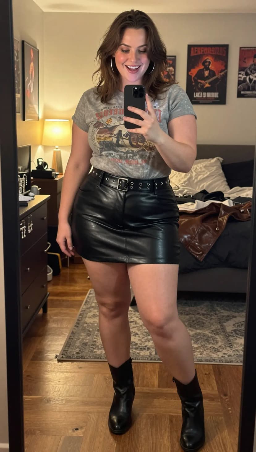 Grey Graphic Tee + Black Faux Leather Mini Skirt + Black Ankle Boots