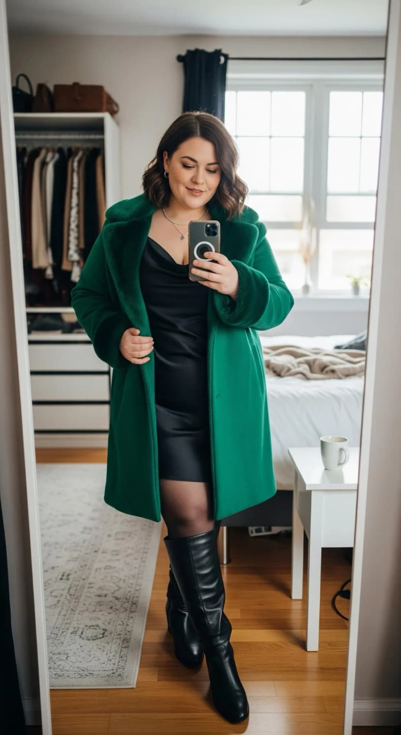 Green Wool Coat + Black Satin Mini Dress + Black Leather Boots