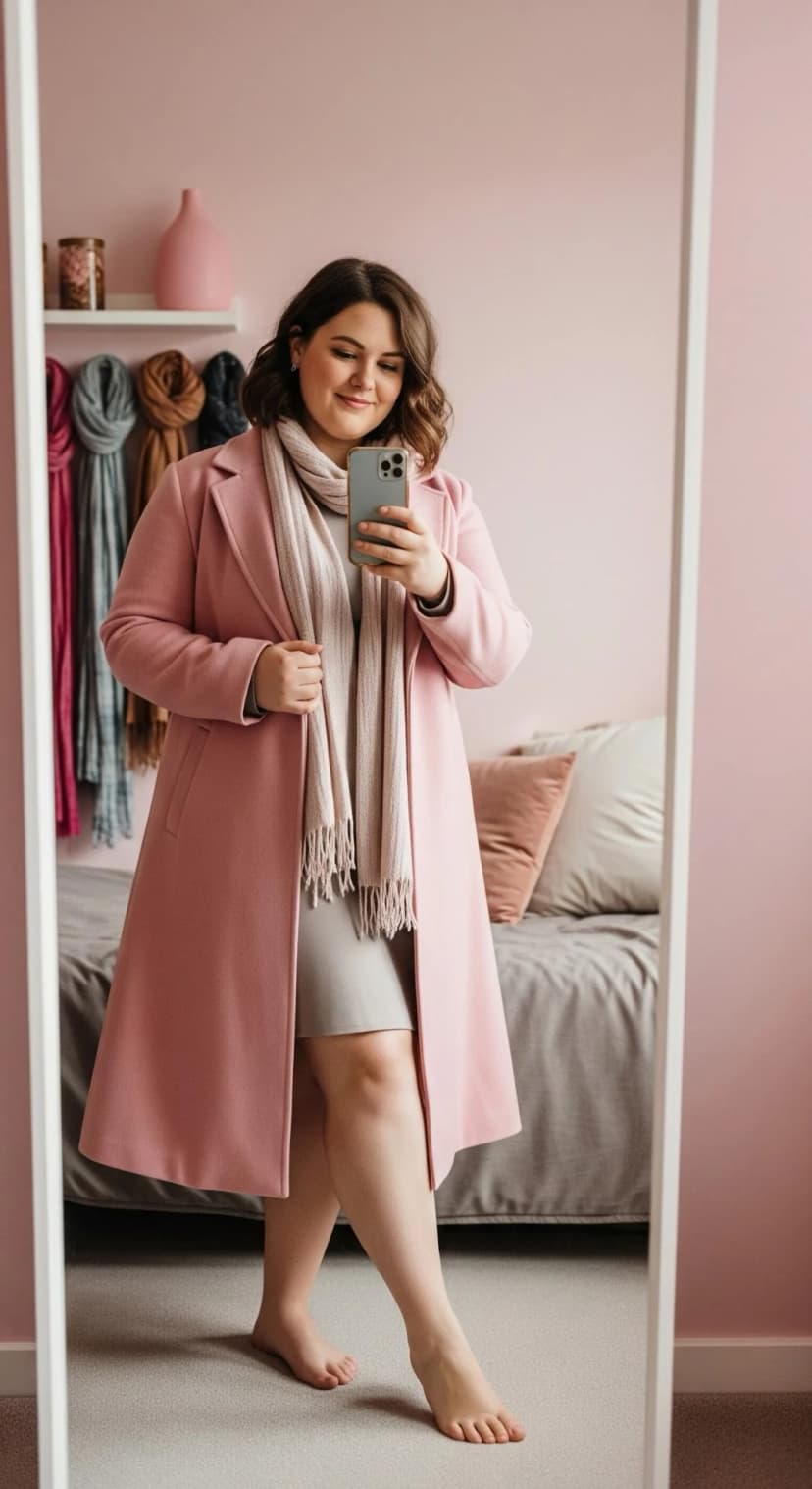 Rose Wool Coat + Grey Knit Dress + Cream Knit Scarf