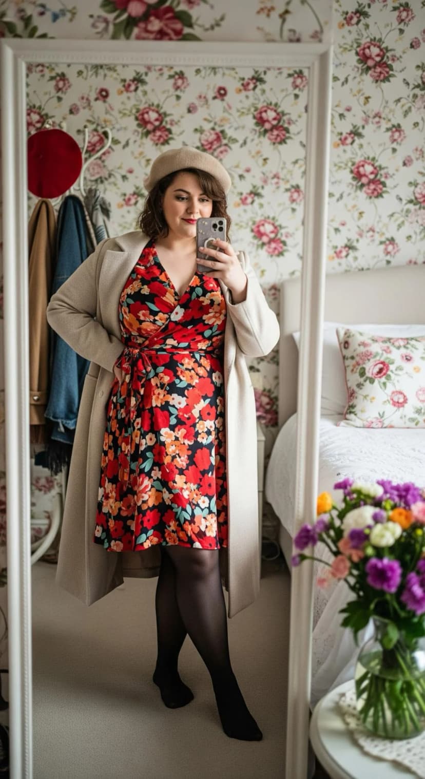 Floral Print Wrap Dress + Cream Wool Coat + Black Opaque Tights
