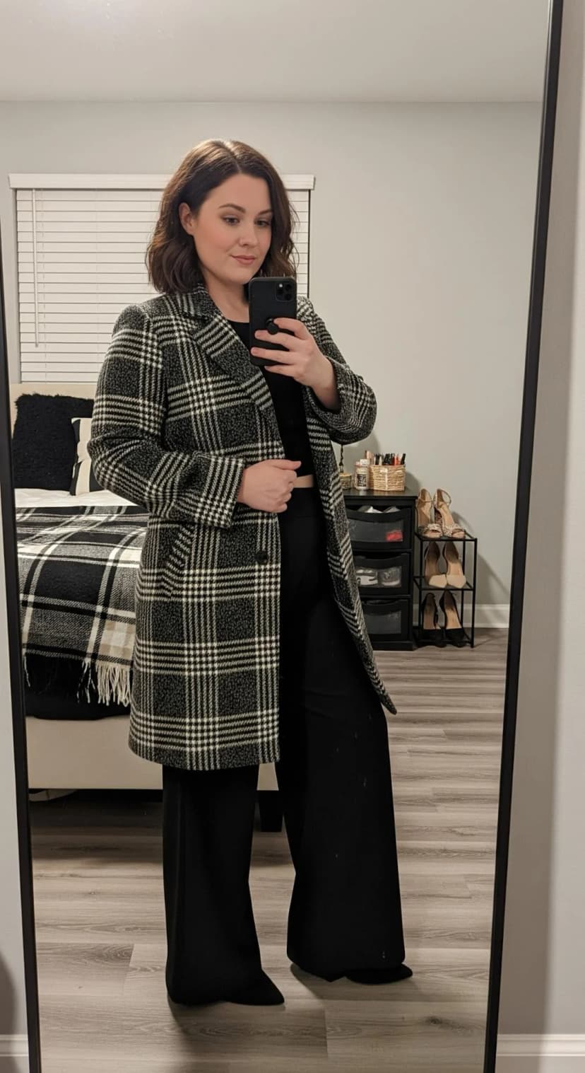 Black Crop Top + Black Wide Leg Pants + Plaid Wool Coat