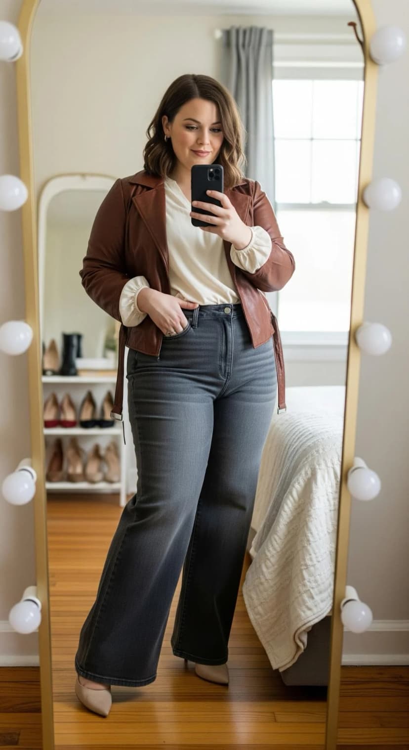 Cream Peasant Blouse + Gray Wide-Leg Jeans + Cognac Leather Jacket + Beige Pumps
