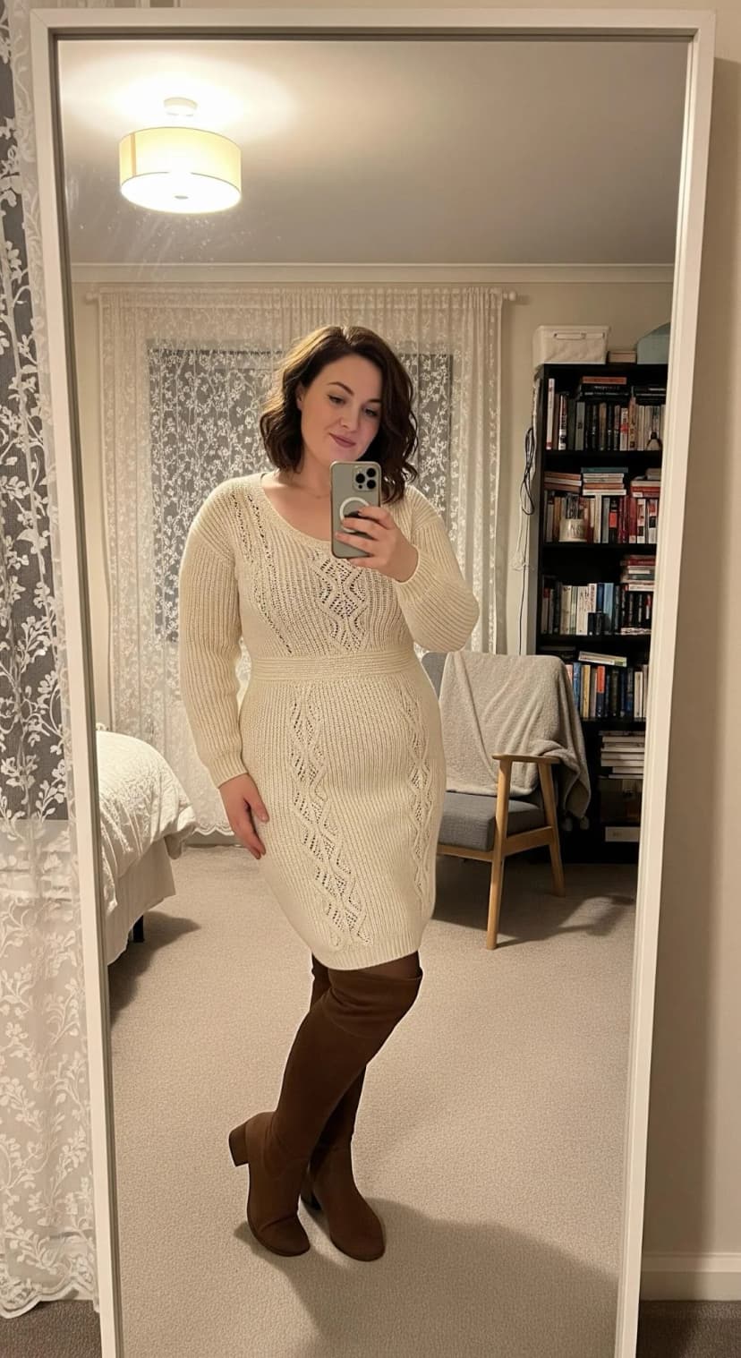 Cream Knit Dress + Brown Over-The-Knee Boots