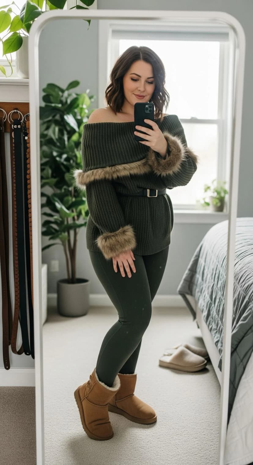 Olive Fur-Trimmed Sweater + Olive Leggings + Chestnut Mini Boots