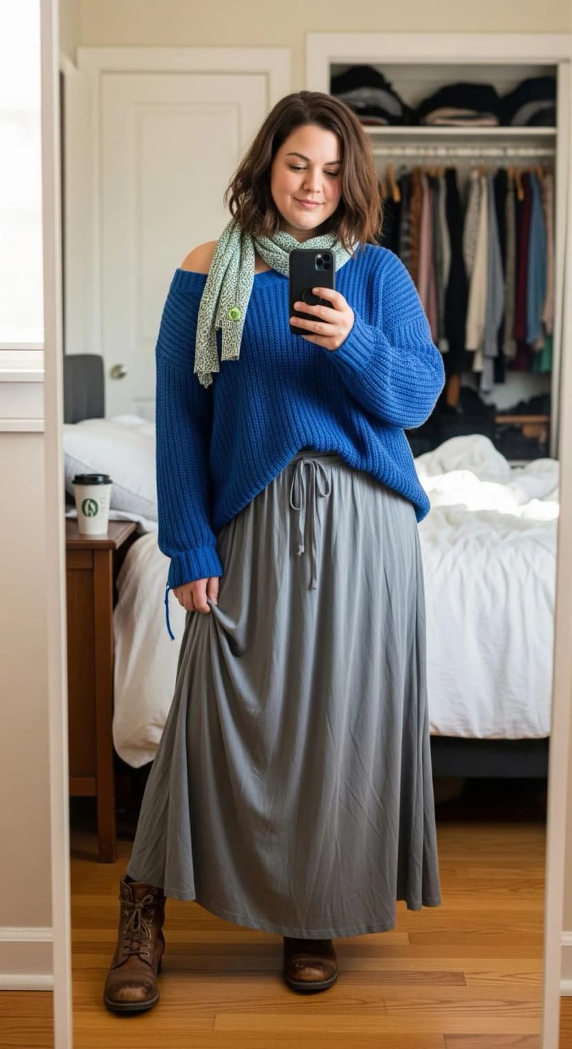 Cobalt Knit Off-Shoulder Sweater + Grey Jersey Maxi Skirt + Brown Leather Boots + Green Printed Scarf