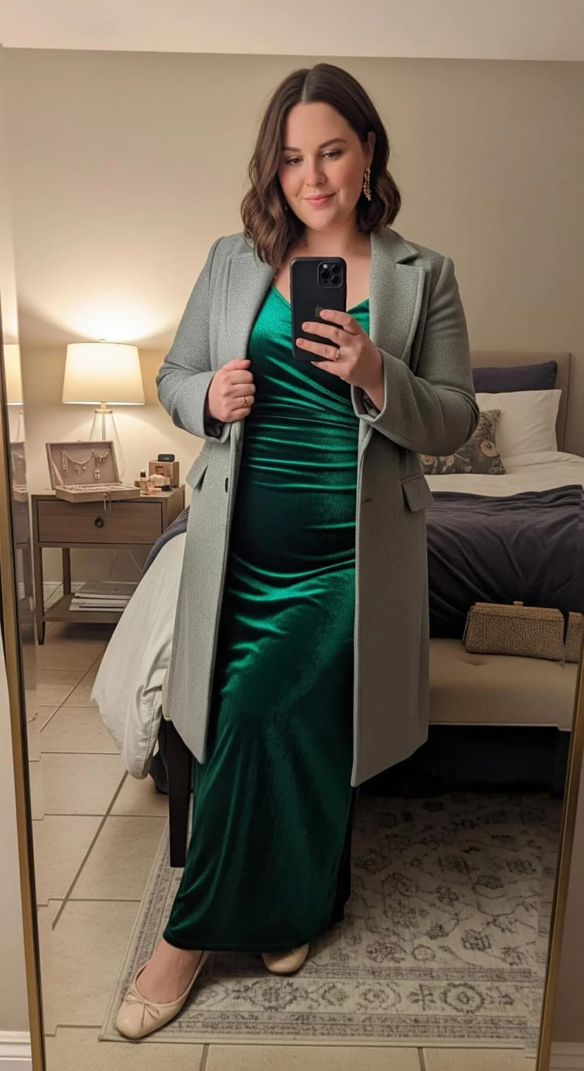 Emerald Velvet Maxi Dress + Grey Wool Coat + Cream Ballet Flats