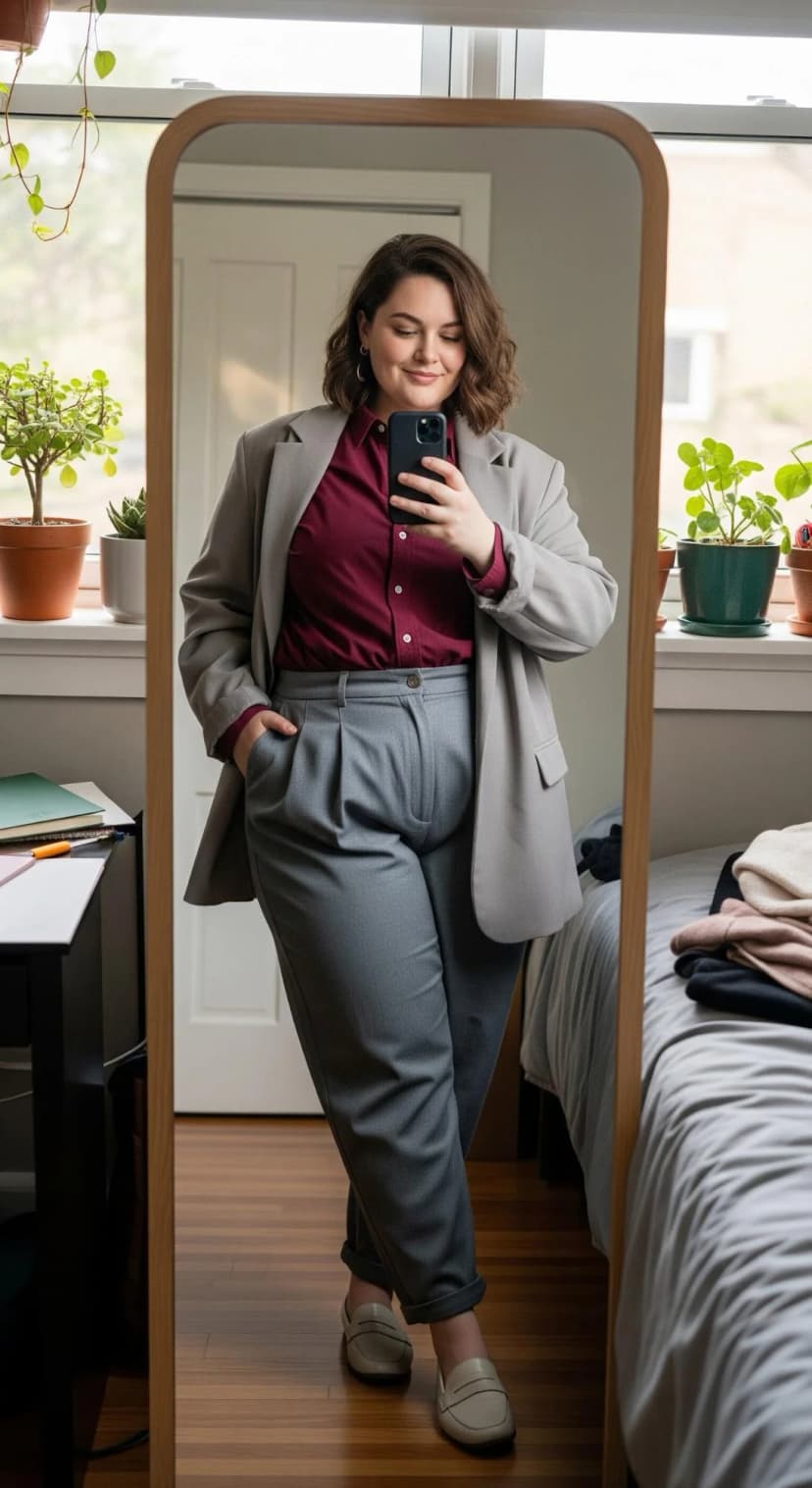 Burgundy Button-Down + Grey Trousers + Grey Blazer + Cream Loafers