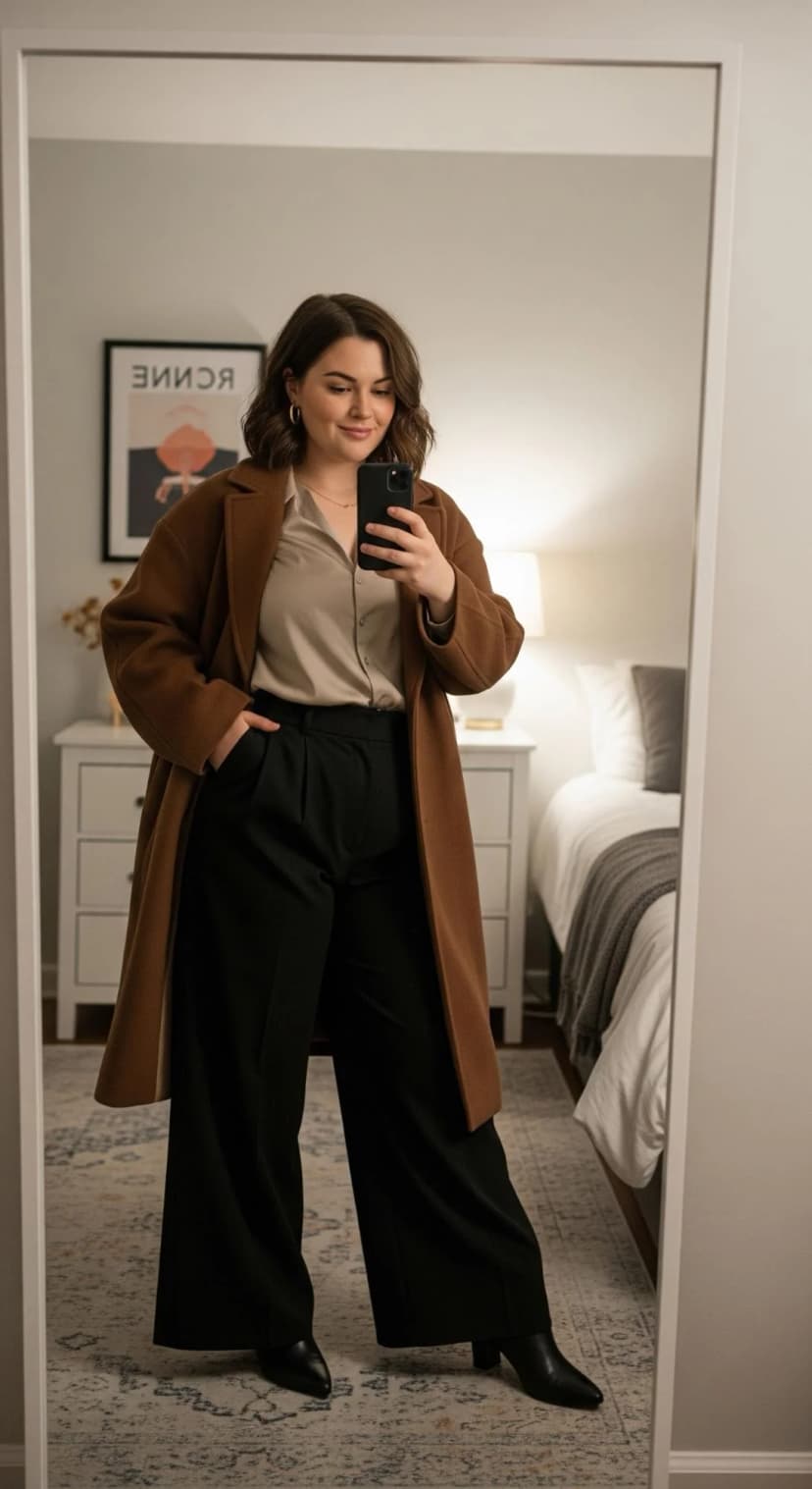 Beige Silk Button-Up + Black Wide-Leg Trousers + Brown Wool Coat + Black Ankle Boots