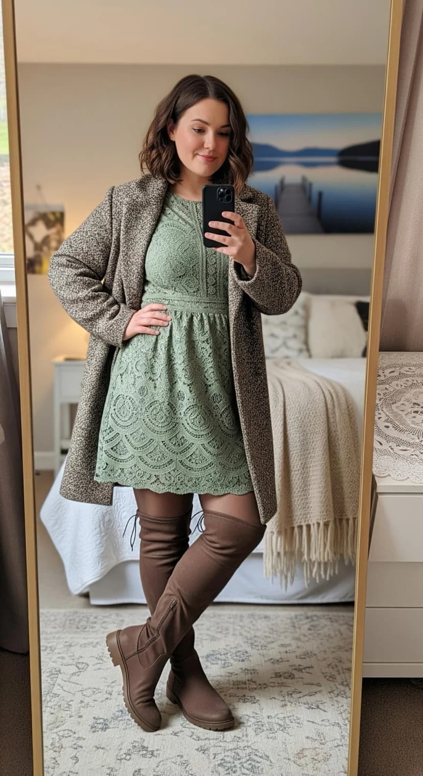 Sage Green Lace Dress + Brown Tweed Coat + Brown Over-The-Knee Boots