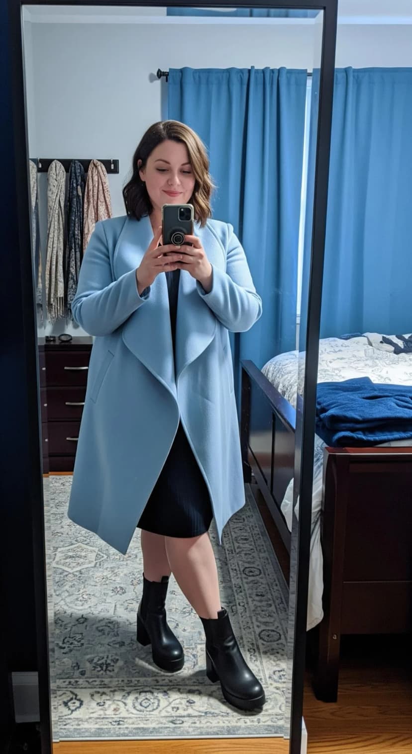 Light Blue Wool Coat + Black Ribbed Mini Dress + Black Platform Boots