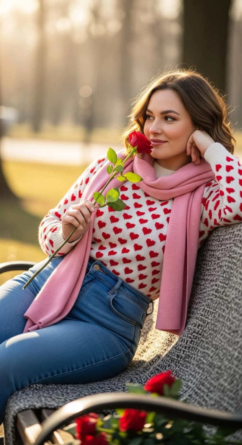 Heart Print Sweater + Light Wash Jeans + Pink Knit Scarf