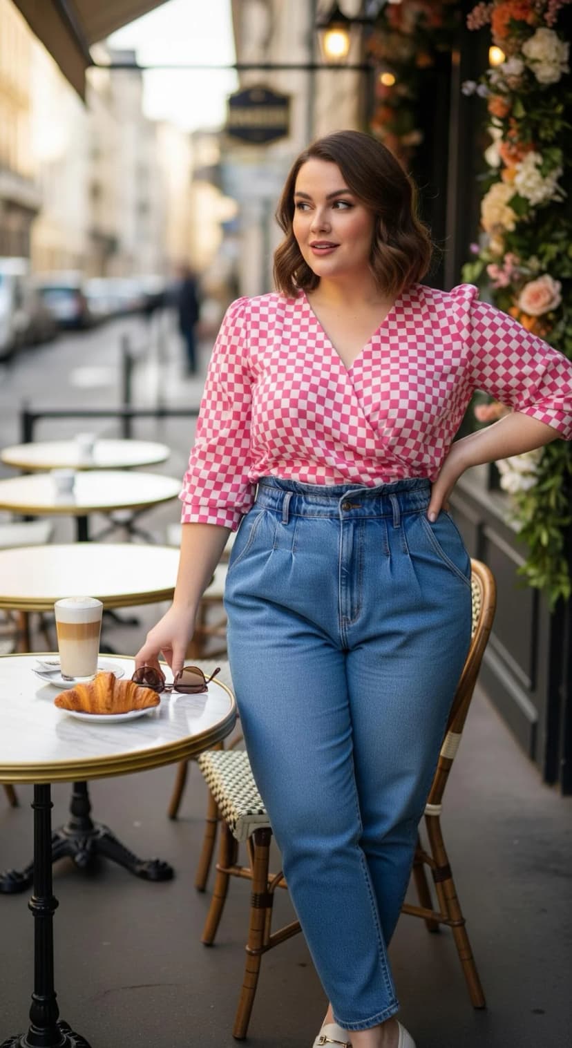 Pink Checkered Blouse + Light Wash Jeans + Cream Loafers