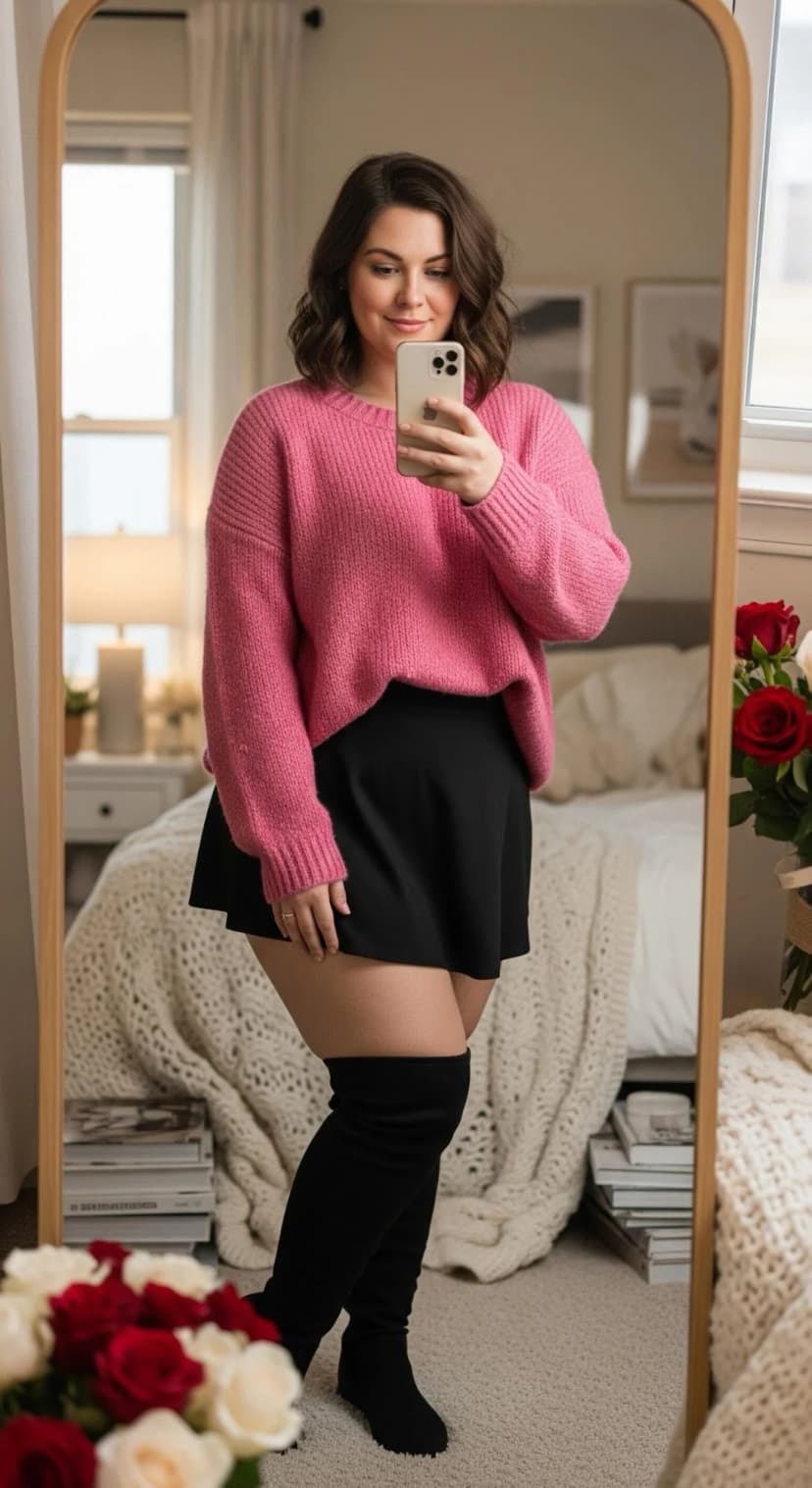 Pink Knit Sweater + Black Mini Skirt + Black Over-the-Knee Boots