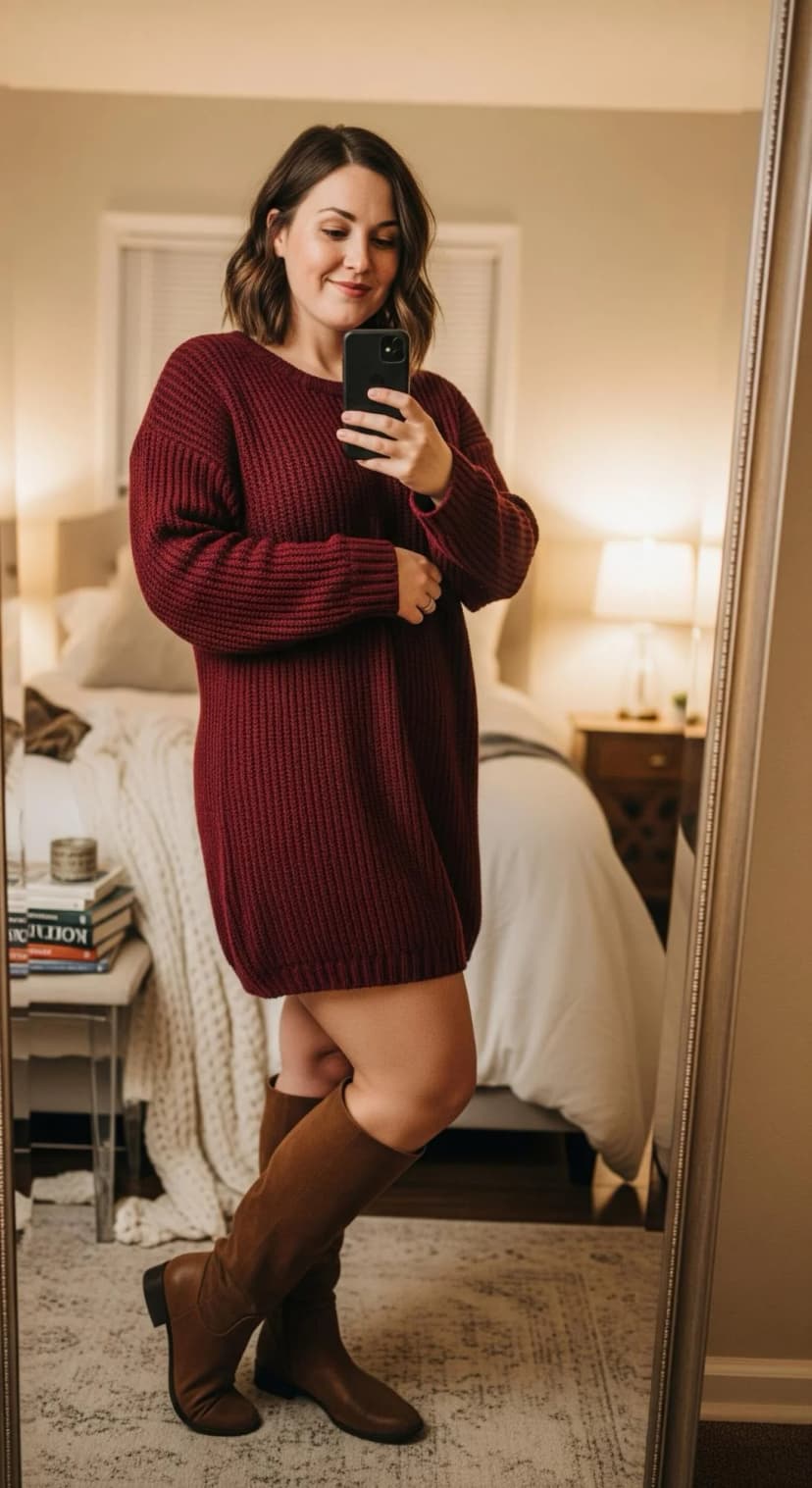 Burgundy Knit Sweater Dress + Brown Leather Boots