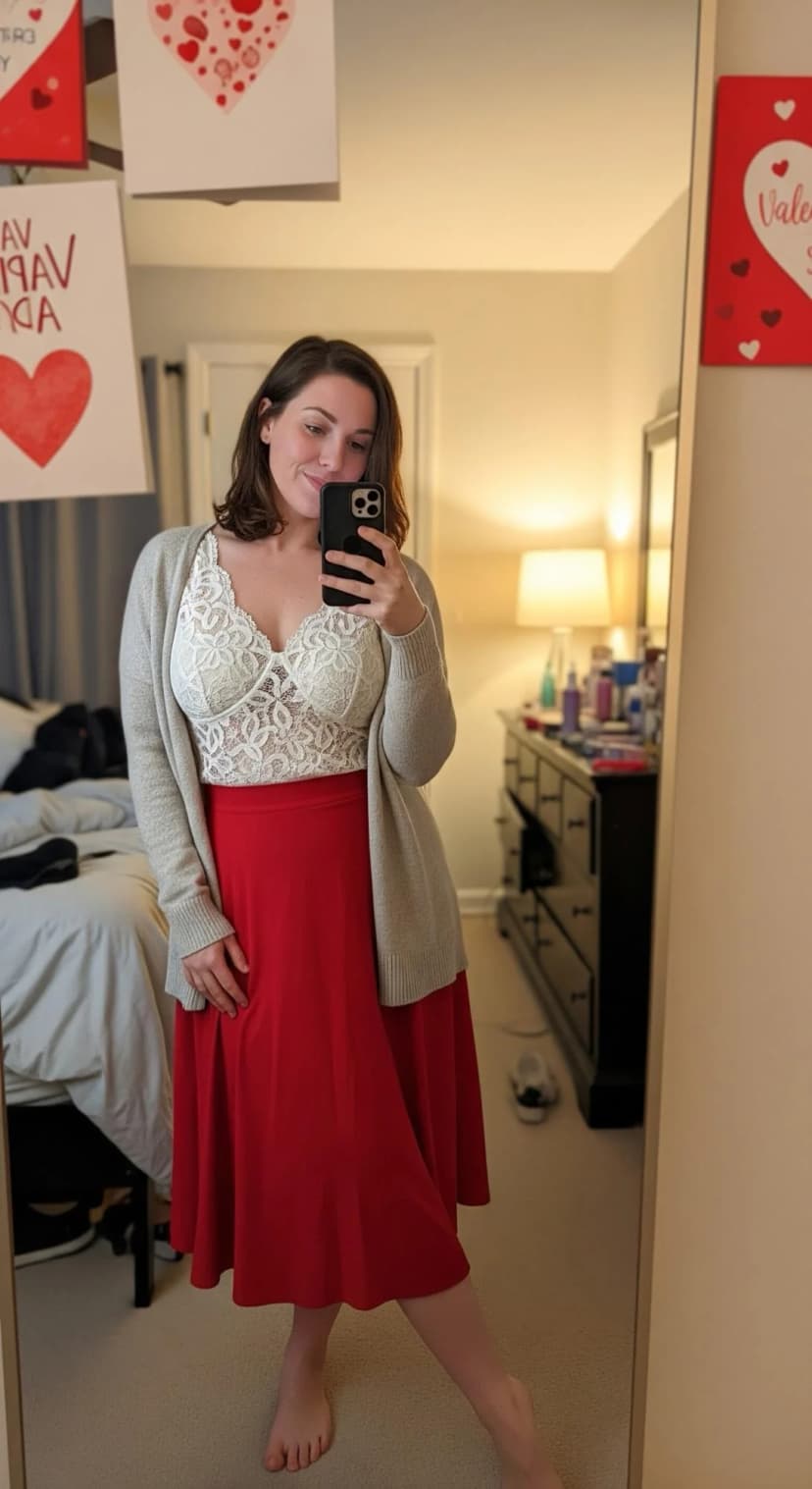 Ivory Lace Bodysuit + Red Midi Skirt + Beige Cardigan