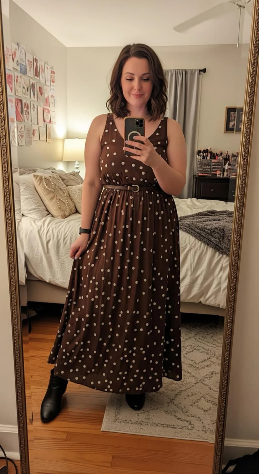 Brown Polka Dot Maxi Dress + Black Ankle Boots