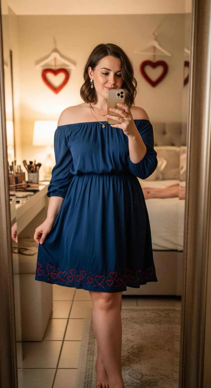 Navy Off-the-Shoulder Dress with Hearts
