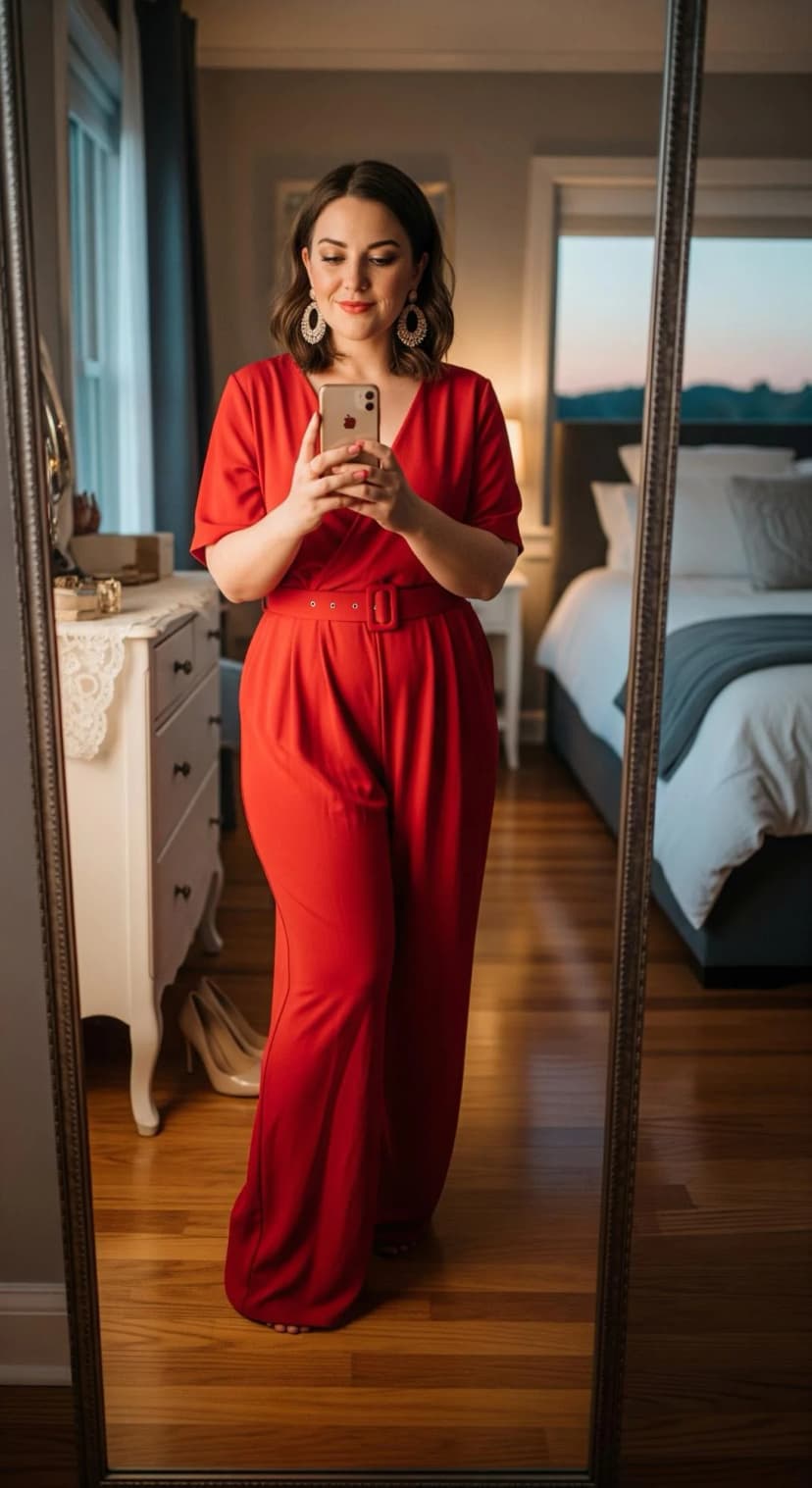 Red Belted Jumpsuit + Gold Statement Earrings