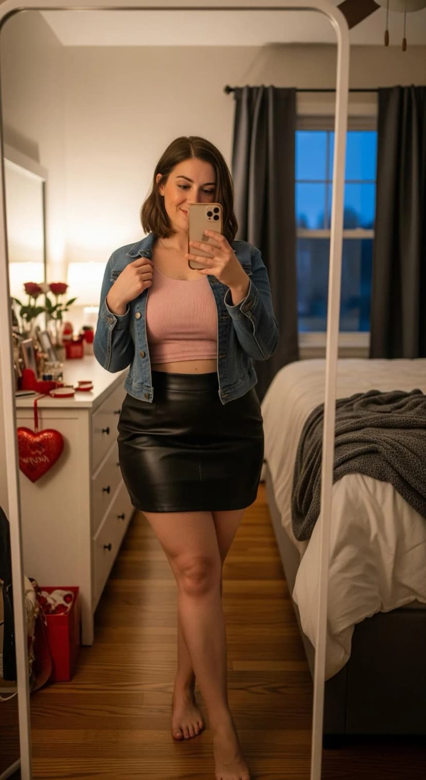 Rose Ribbed Crop Top + Black Faux Leather Mini Skirt + Denim Jacket