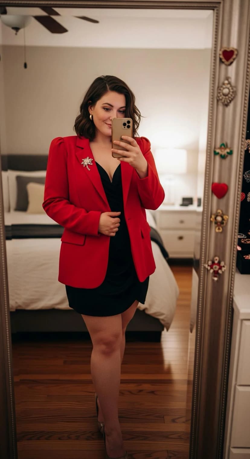 Red Crepe Blazer + Black Wrap Dress + Silver Heels