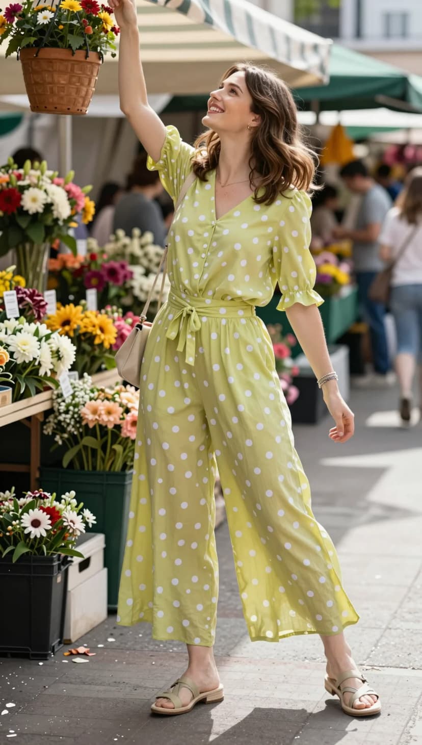 Lime Polka Dot Jumpsuit + Beige Leather Slides + Beige Crossbody Bag